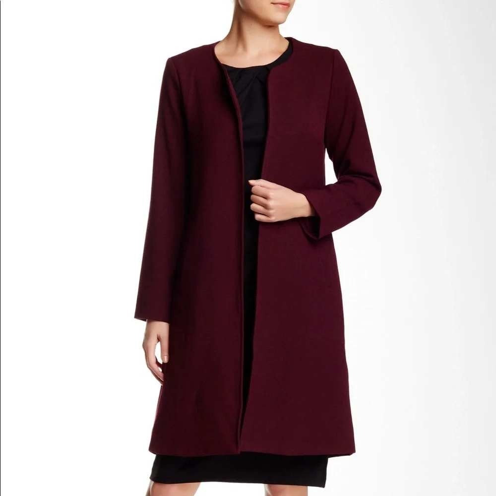 Harlowe & Graham Open Front Long Jacket Womens M Burgundy Textured Longline Coat